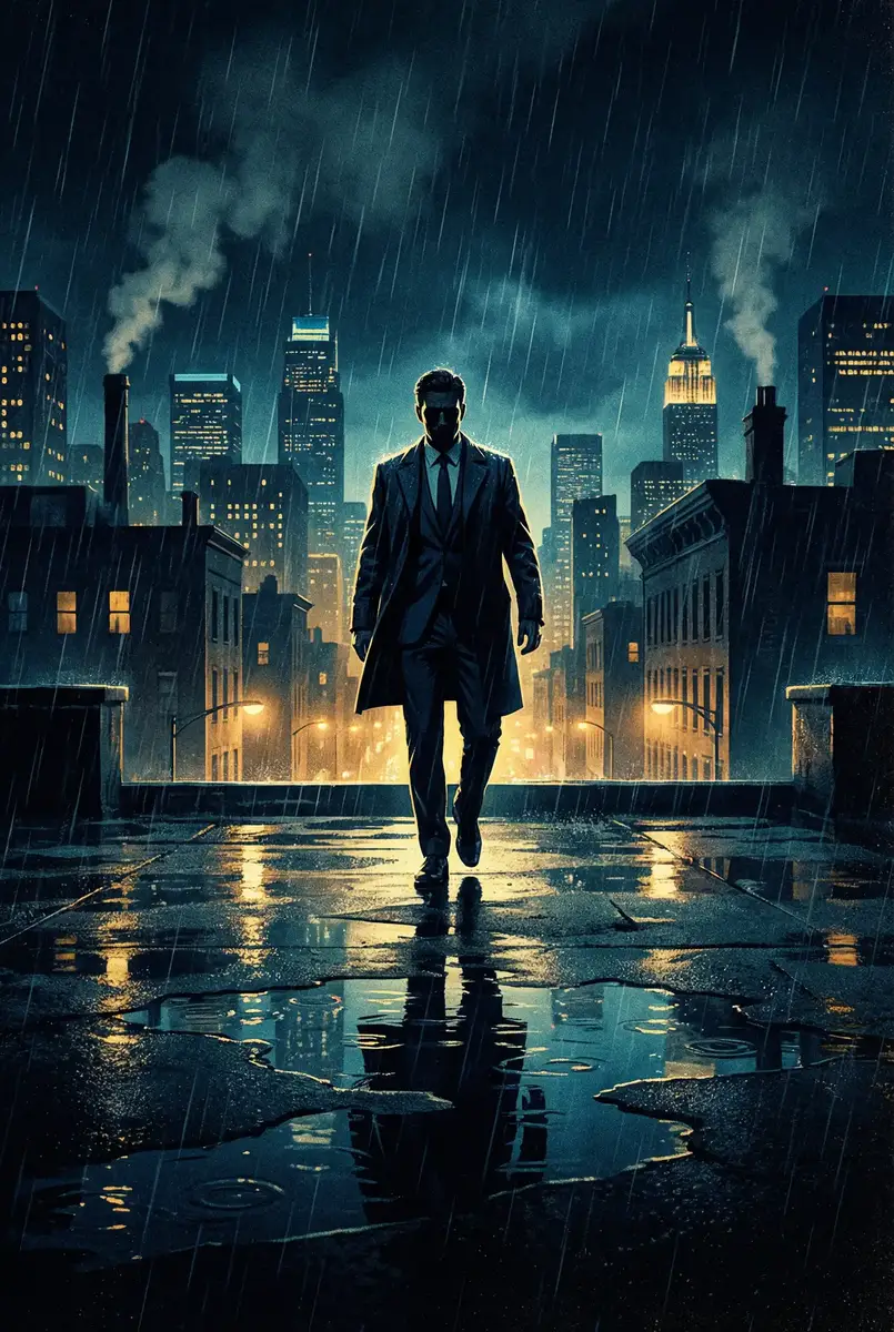 亲切的金子下载 出品影片《雨夜独行者》海报，雨中城市屋顶男性剪影